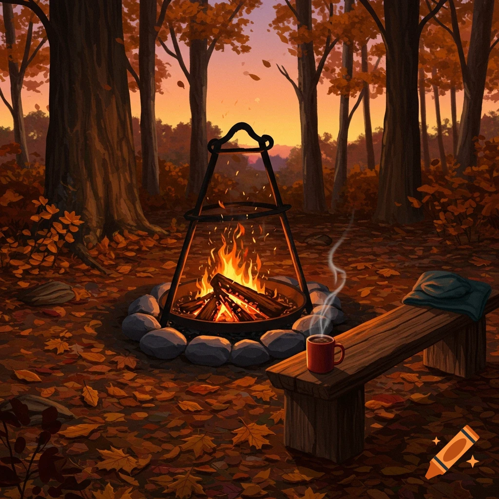 Illustrated autumn forest with a glowing campfire, a steaming coffee mug on a bench, and scattered fall leaves.