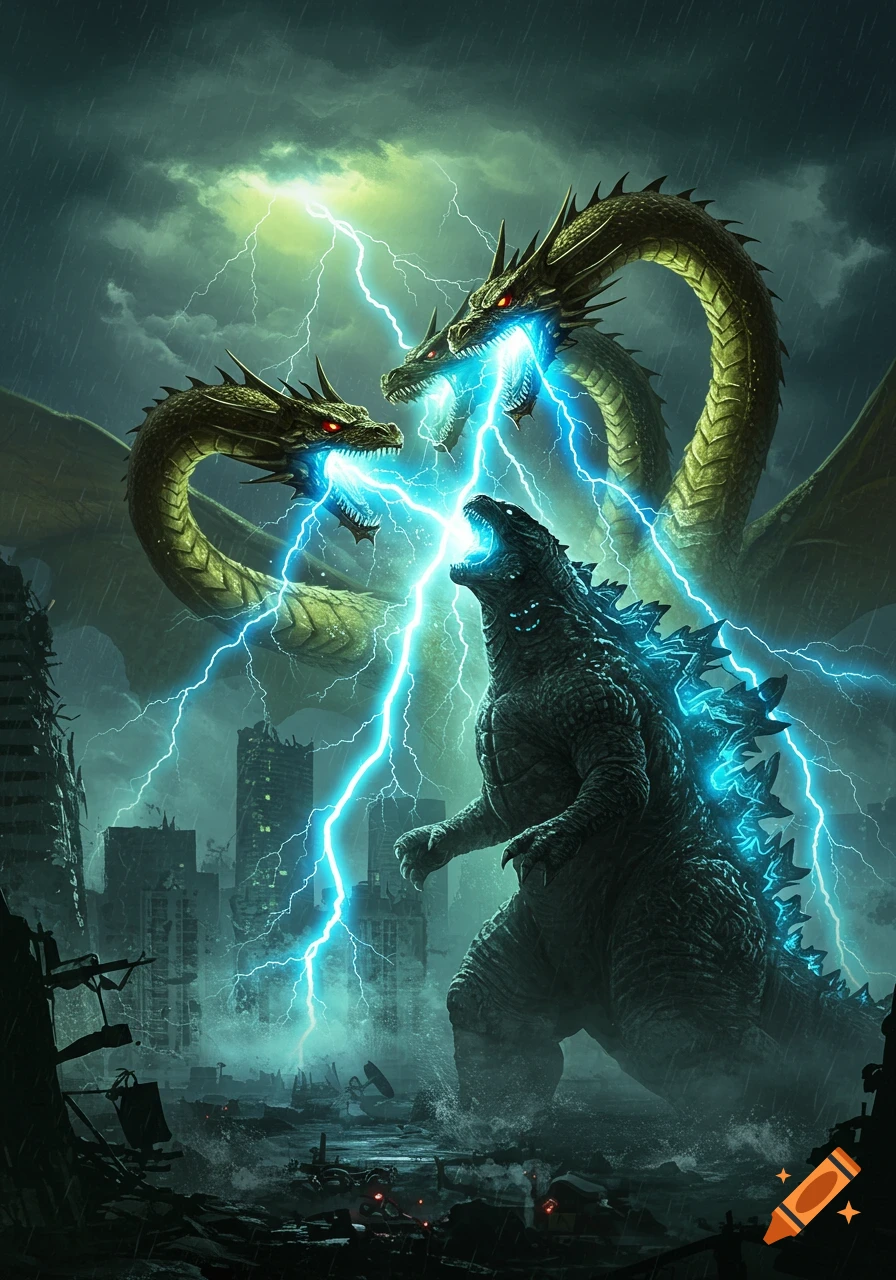 Godzilla battling a three-headed golden dragon (King Ghidorah) with lightning in a destroyed city under a stormy sky, digital art.