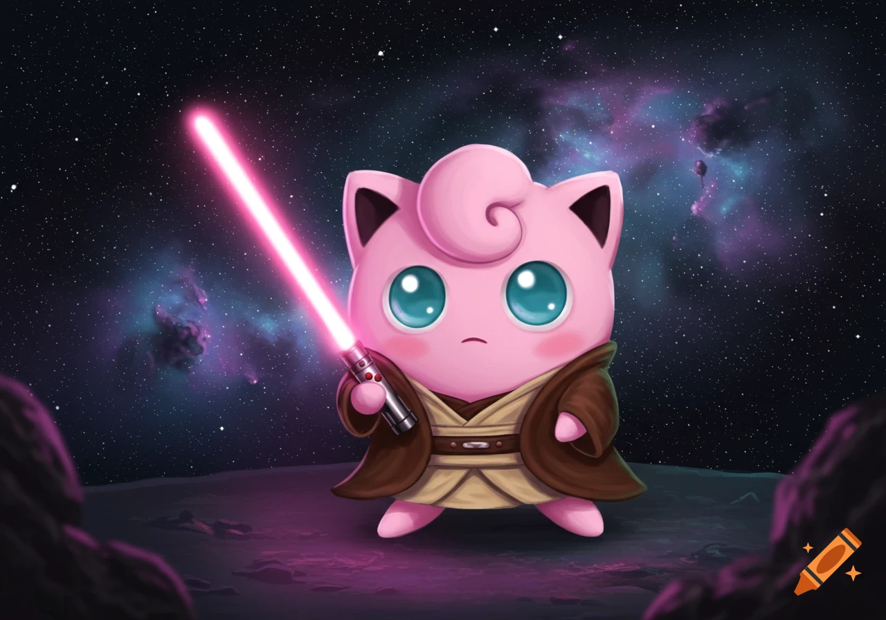 A cute pink Jigglypuff dressed as a Jedi, holding a glowing pink lightsaber against a starry space background with nebulae.
