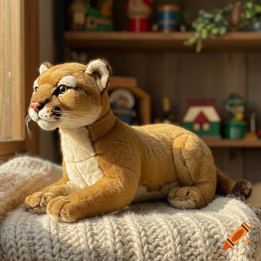 A photorealistic image of a brown mountain lion plush toy lying on a white knitted blanket, bathed in warm sunlight.