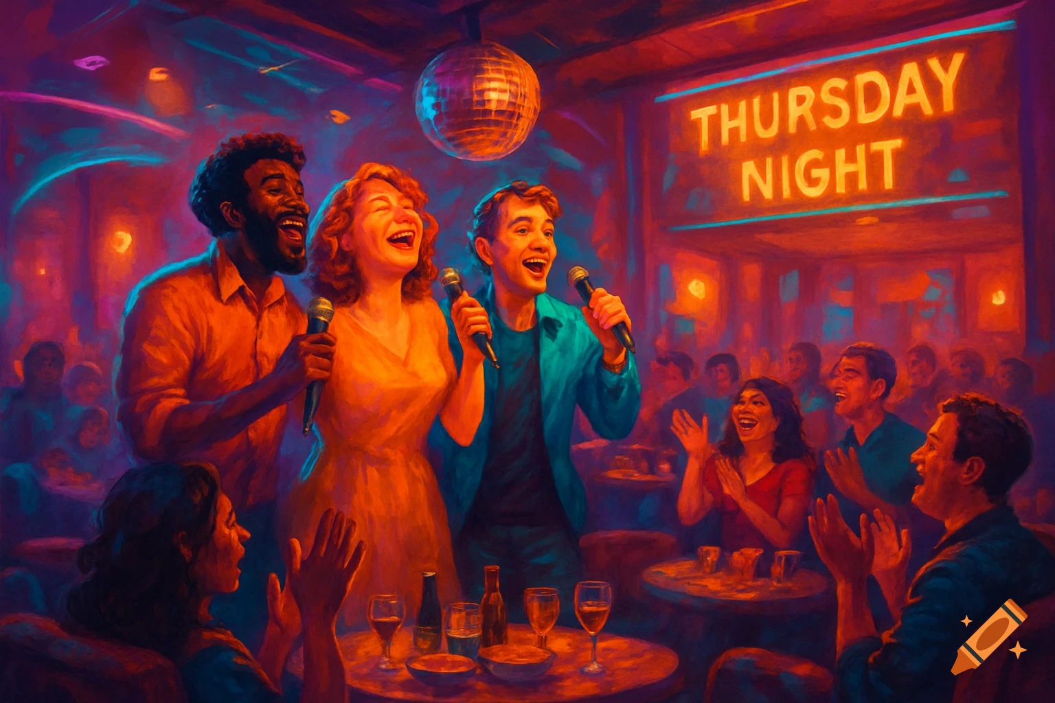 A vibrant, painterly scene of three people singing karaoke on stage in a lively bar, with a disco ball and a "THURSDAY NIGHT" sign.