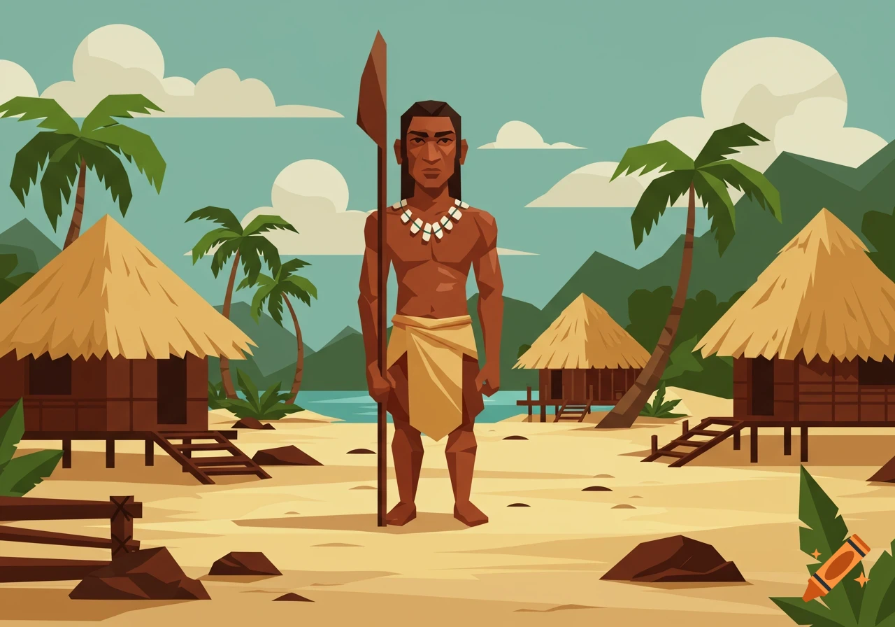 A low-poly illustration of an islander holding a spear on a tropical beach with huts and palm trees.