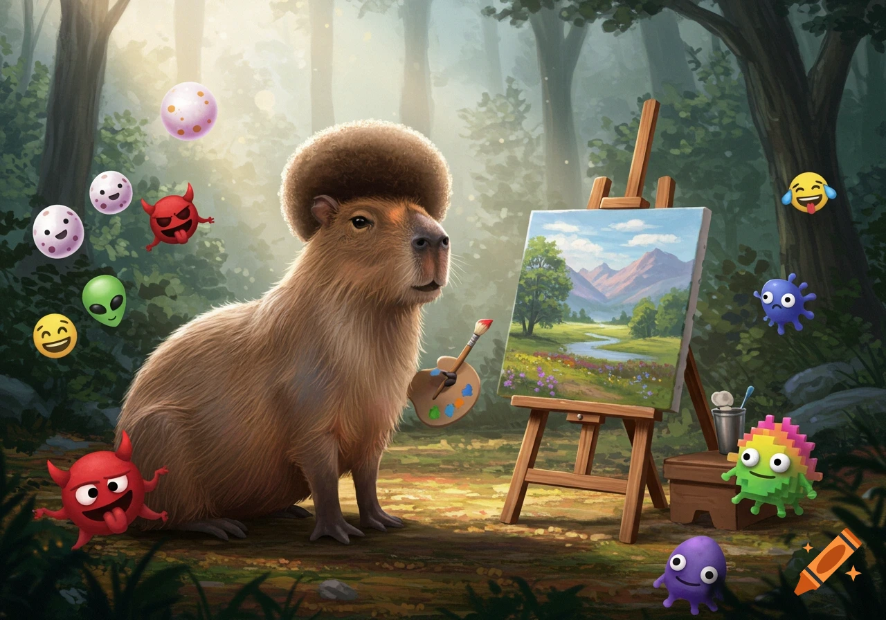 A fluffy capybara with an afro paints a landscape in a sunny forest, surrounded by cute cartoon emojis and monsters.