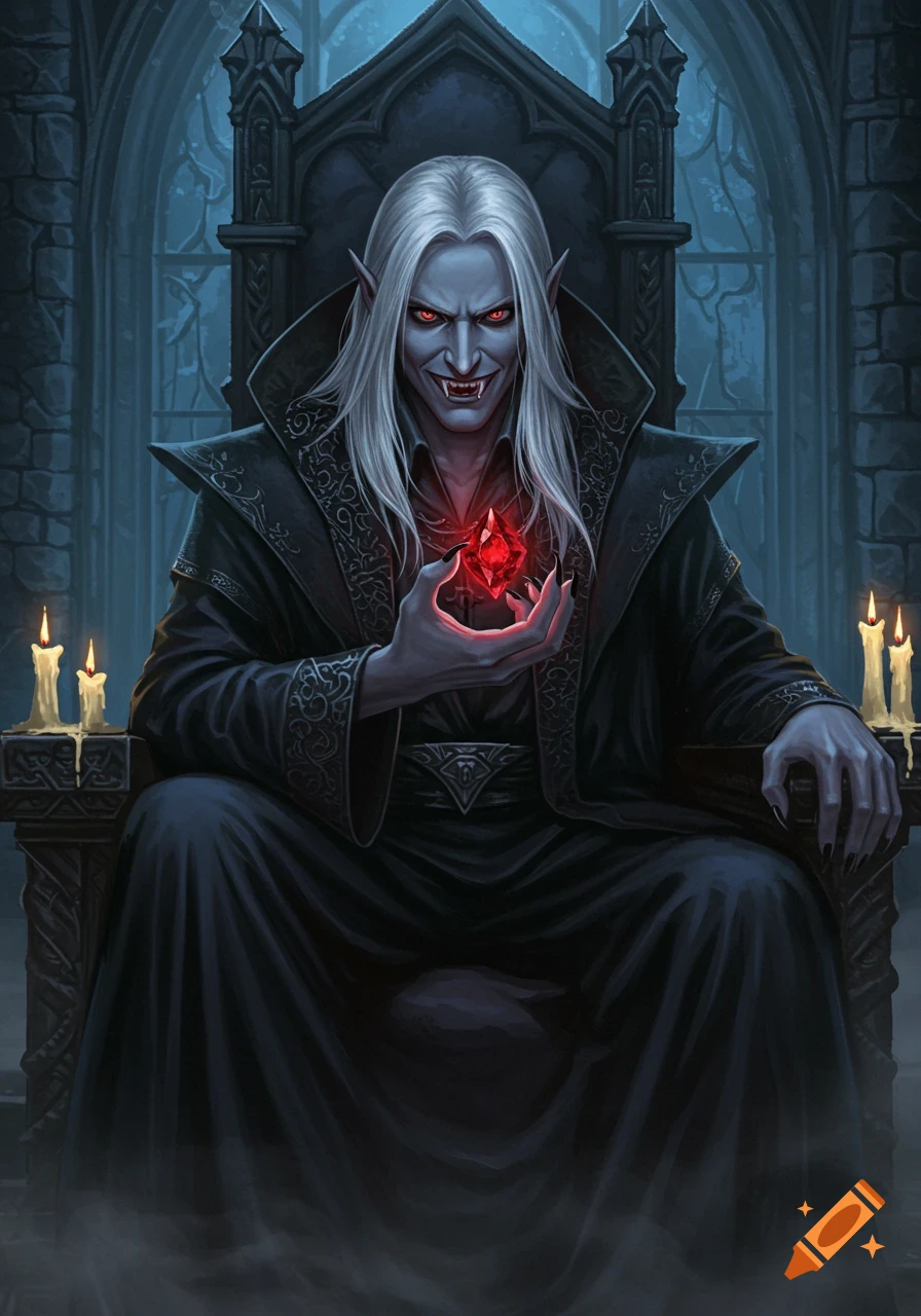 A pale, fanged vampire with long white hair and red eyes sits on a gothic throne in a dark castle, holding a glowing red gem.