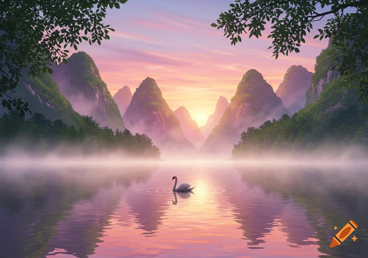A white swan swims on a serene lake reflecting a pink and orange sunrise over misty mountains, framed by green leaves.