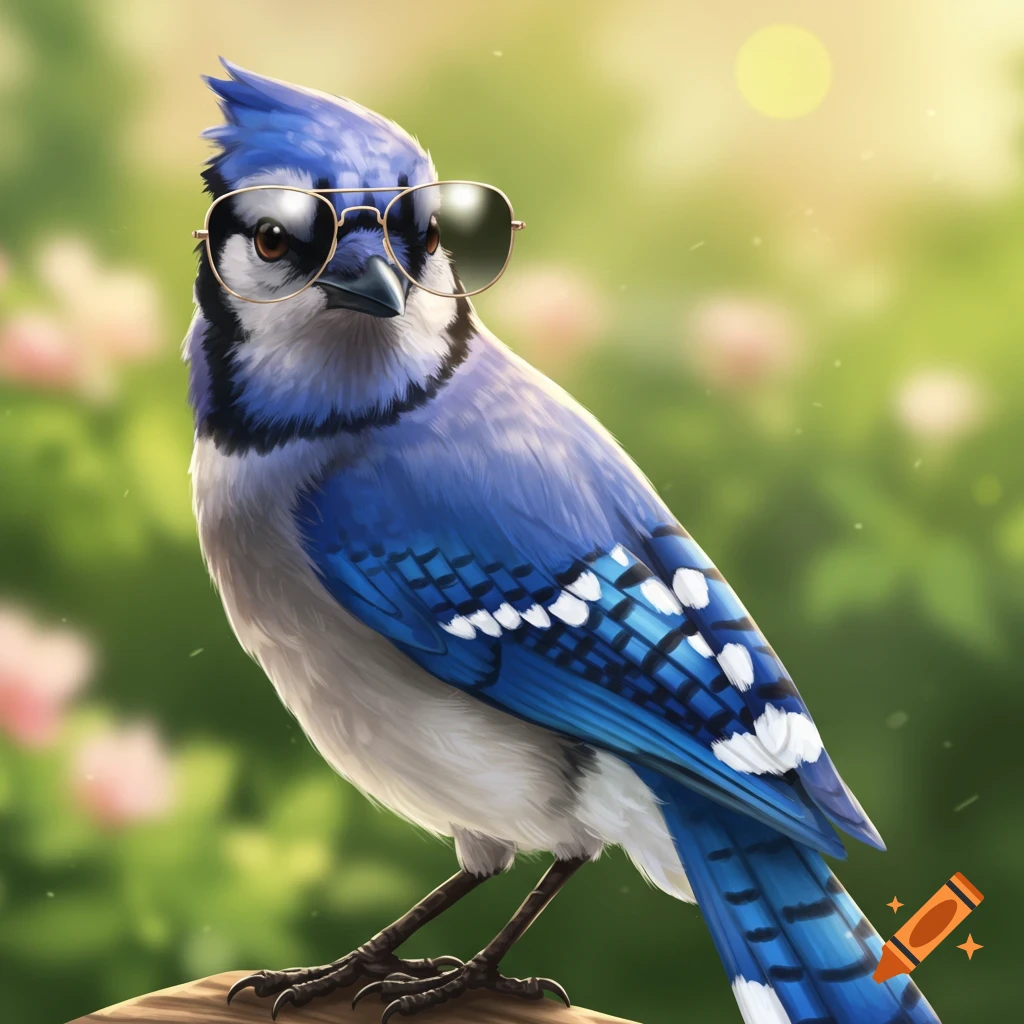 Photorealistic blue jay wearing aviator sunglasses, looking at the camera against a blurred green background.