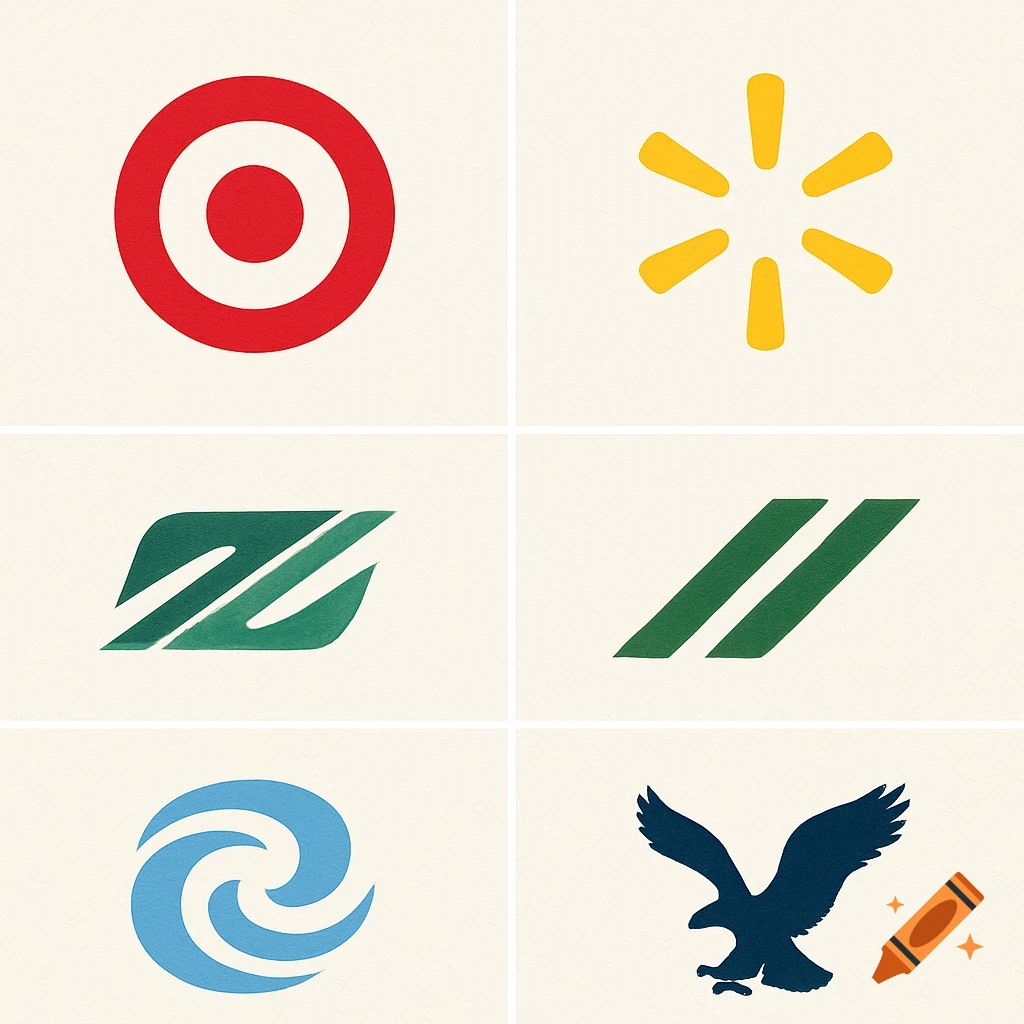 Six minimalist, abstract logos inspired by retail brands in a grid on a cream background.