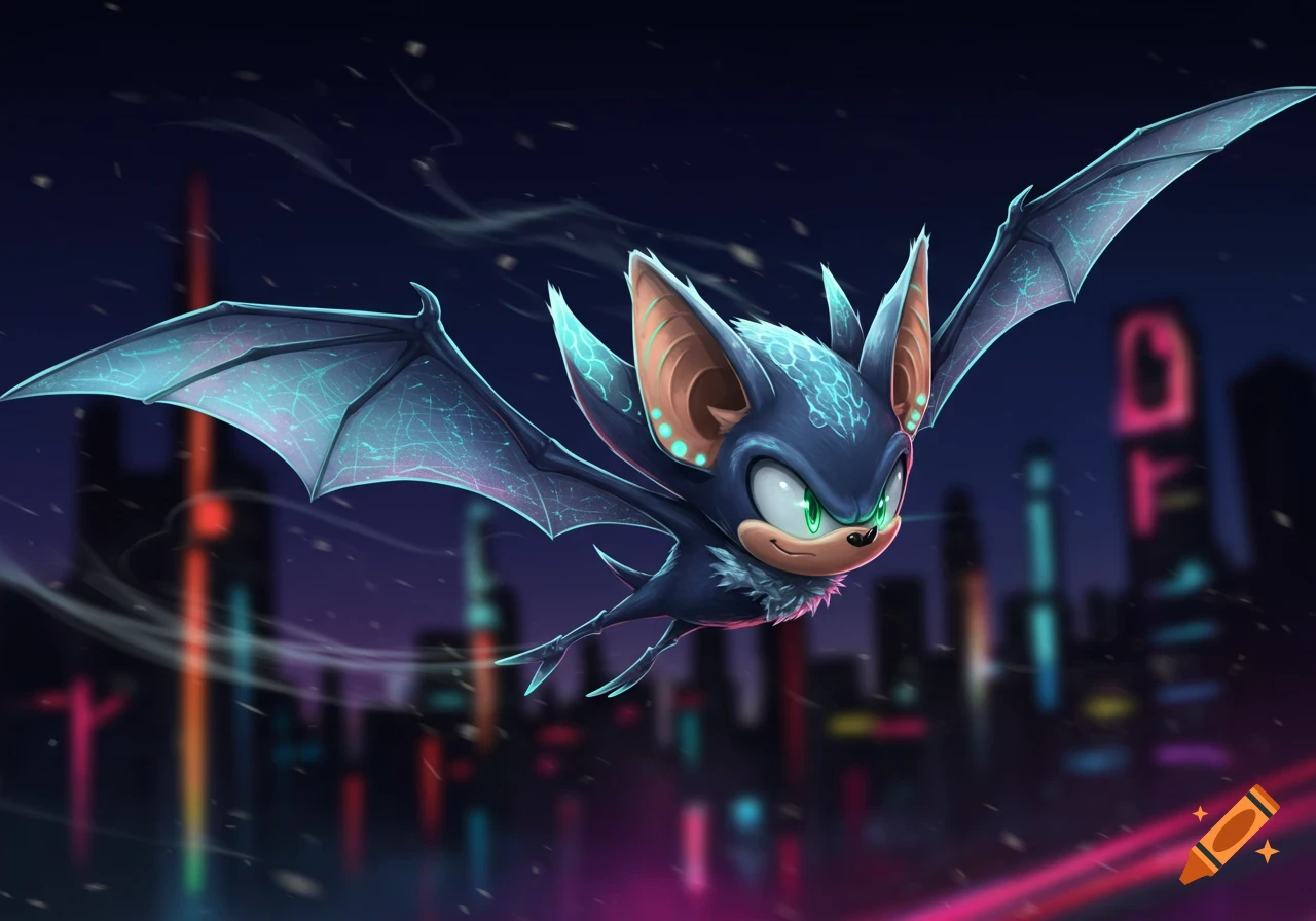 A dark blue bat-like Sonic character with glowing teal accents flies through a neon city at night.