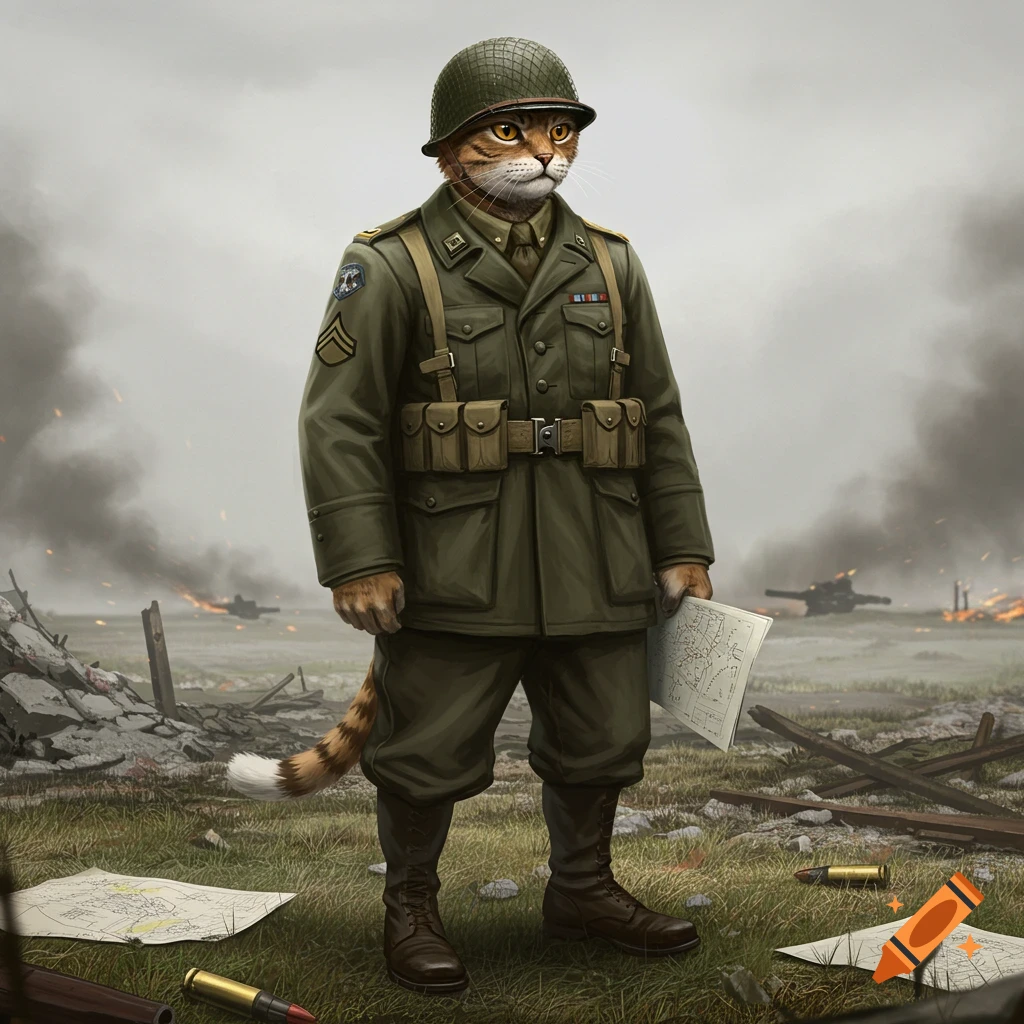 An anthropomorphic tabby cat in a WWII military uniform stands in a smoky, war-torn battlefield, holding a map.