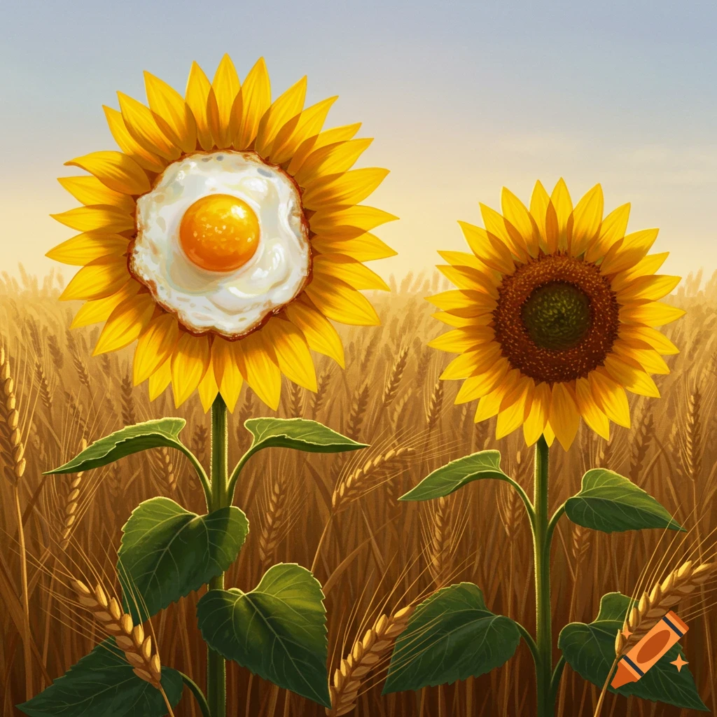 A close-up of two sunflowers in a golden field, one with a sunny-side-up fried egg as its center, the other with a dark brown seed head.