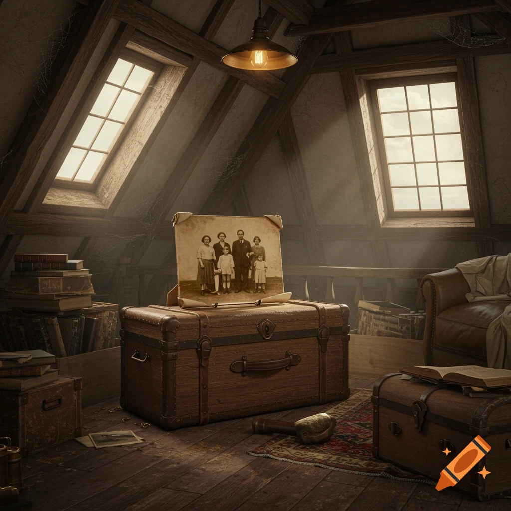 A dusty attic with old wooden chests, stacks of books, and a vintage family photograph on a trunk, lit by skylights.