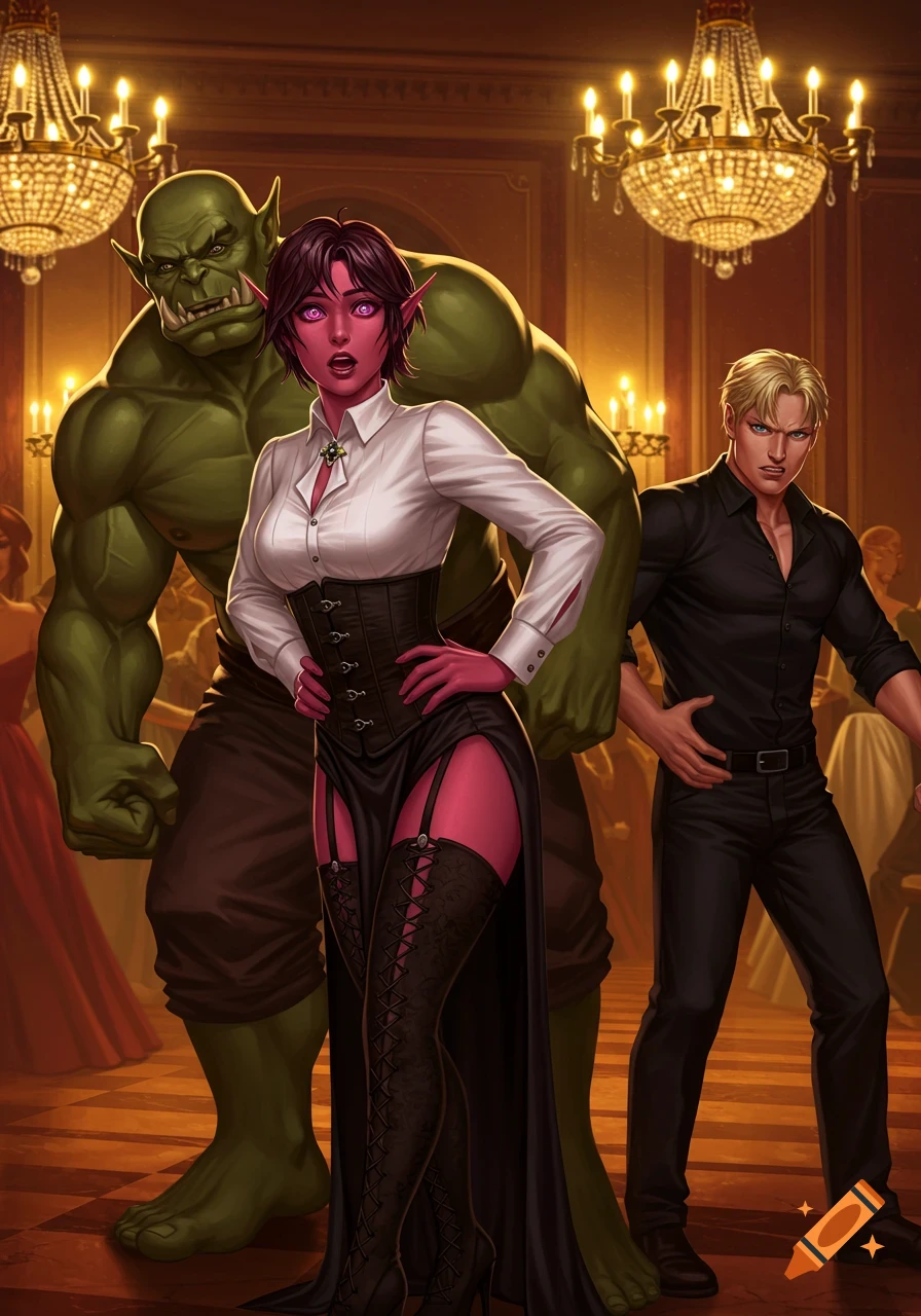 A pink-skinned elf woman in a corset dress, a green orc, and an angry blonde man in a grand ballroom. Fantasy art style.