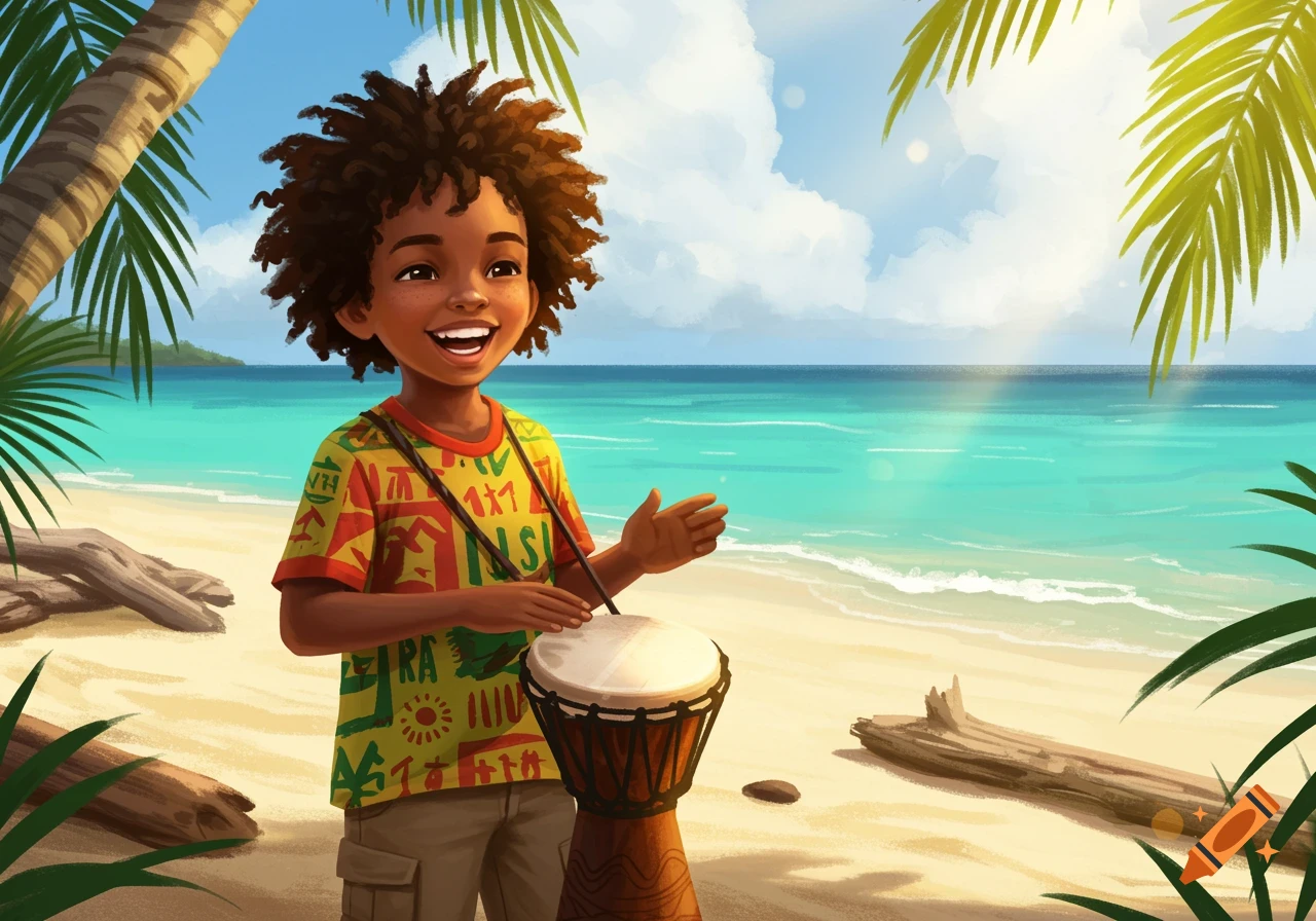 A happy cartoon boy with curly hair plays a djembe drum on a sunny tropical beach.