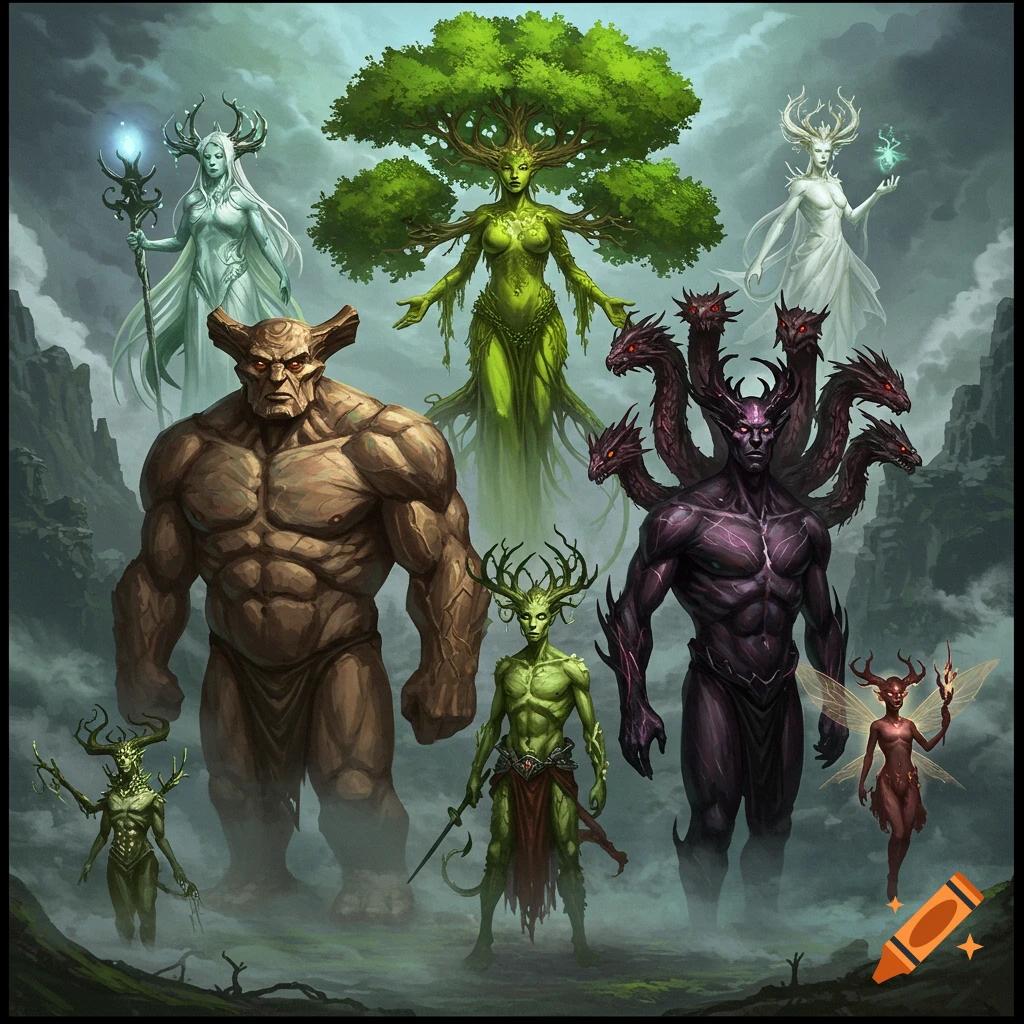 A diverse group of fantasy creatures, including a towering tree spirit, a rock golem, and a multi-headed demon, stand in a mystical, foggy landscape.