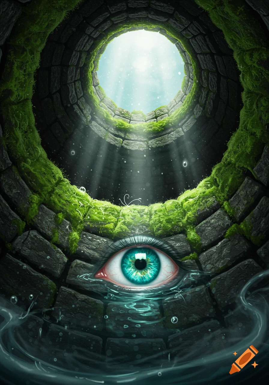 A vibrant blue and green eye stares up from the dark, mossy bottom of a stone well, with light rays from above reflecting in the water.