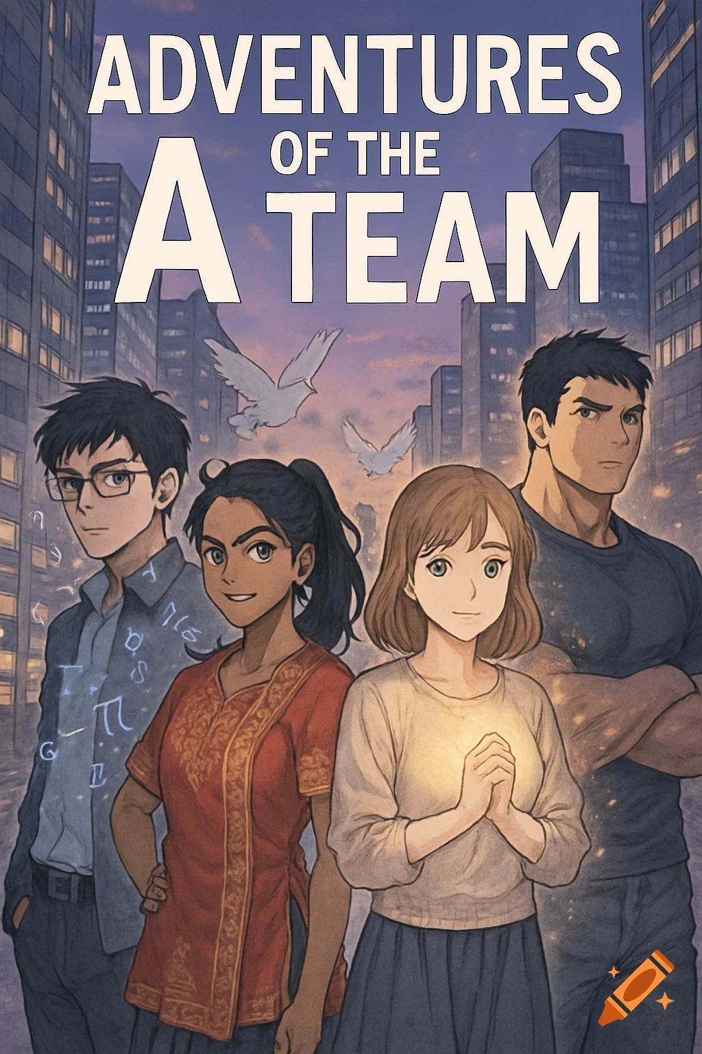 Manga-style book cover with four diverse young adults standing in an urban setting at dusk, titled 'ADVENTURES OF THE A TEAM'.