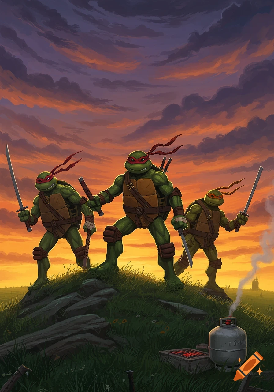 Three Ninja Turtles stand on a grassy hill at sunset, holding weapons. A grill and propane tank are visible in this comic art image.