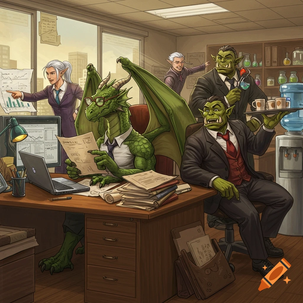 Fantasy creatures, including a dragon, orcs, and elves, busy working in a bustling office environment, in a visual novel art style.