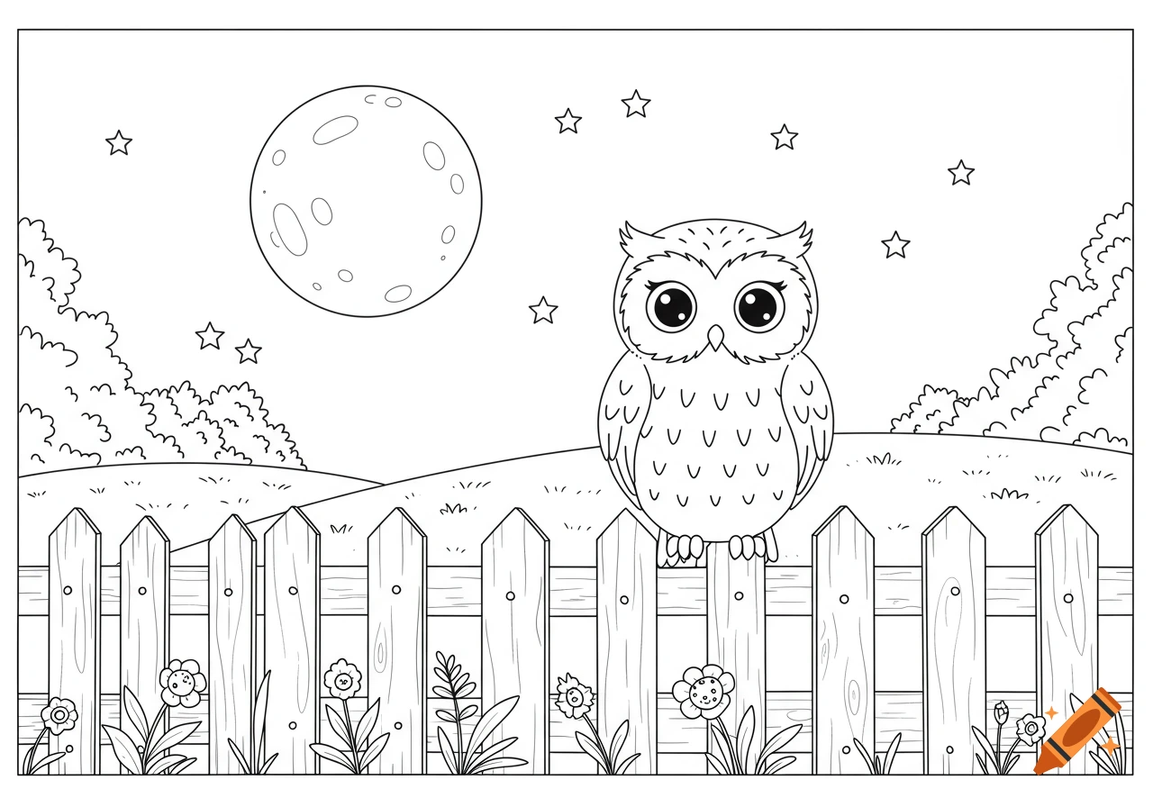 A cute owl sitting on a wooden fence under a full moon and stars in a black and white outline drawing.