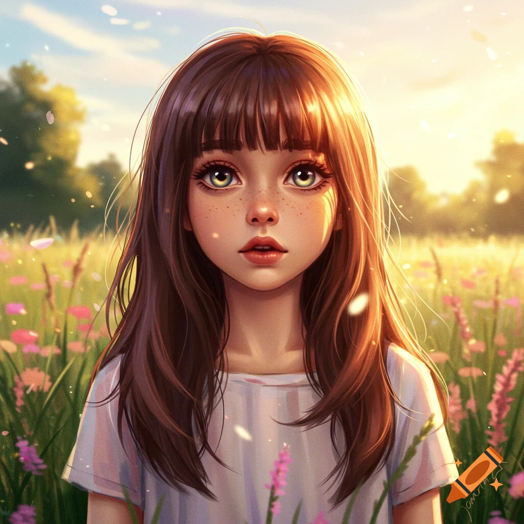 Digital art portrait of a young girl with long brown hair, blunt bangs, green eyes, and freckles, standing in a field of flowers.