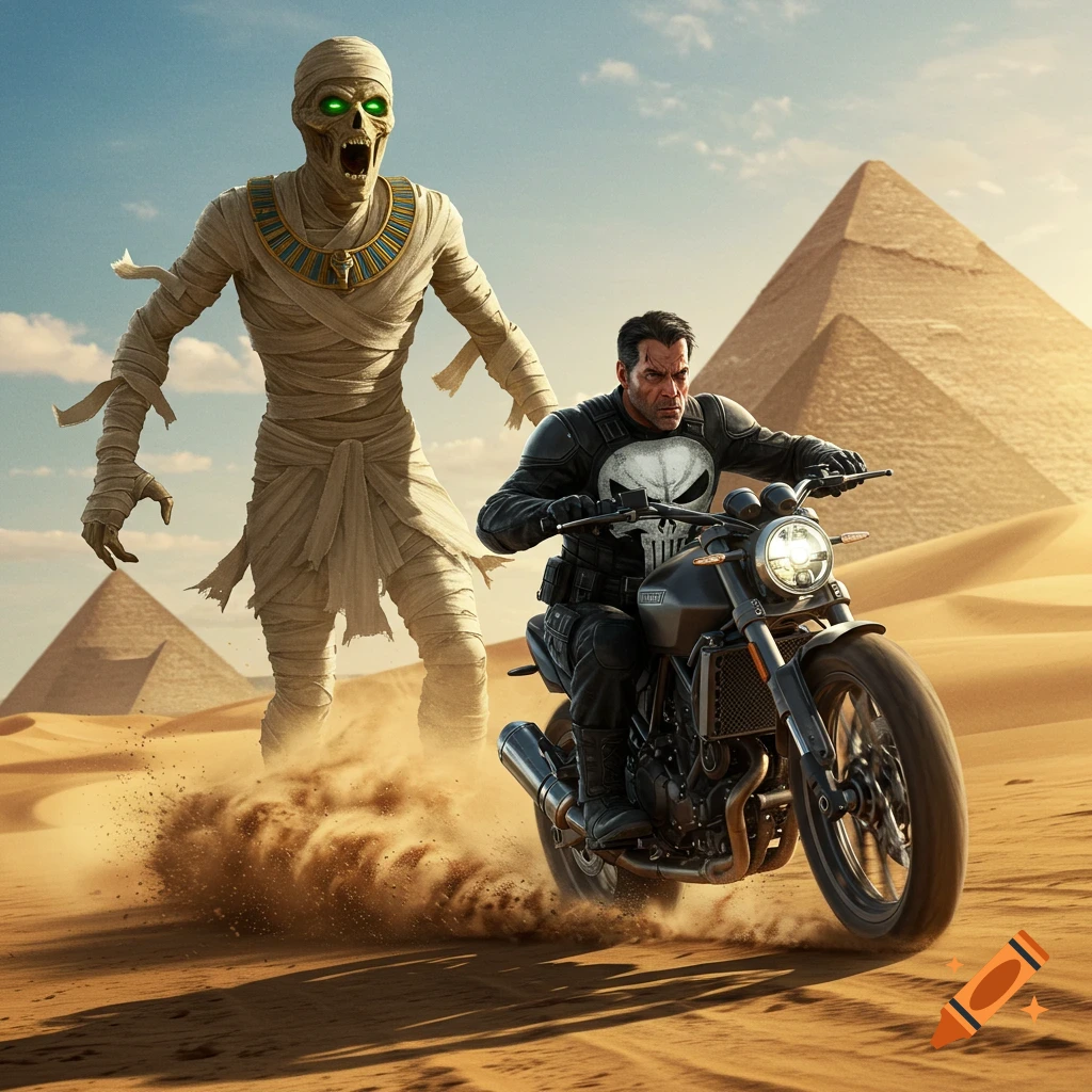 Photorealistic Punisher on a motorcycle in a desert, chased by a giant mummy, with pyramids in the background.