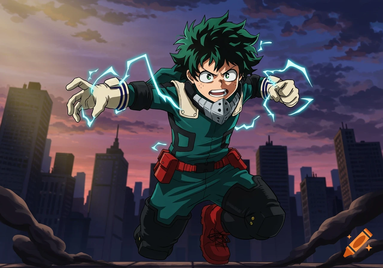 Izuku Midoriya in his superhero costume, surrounded by green lightning, in an action pose against a city skyline at dusk, anime style.