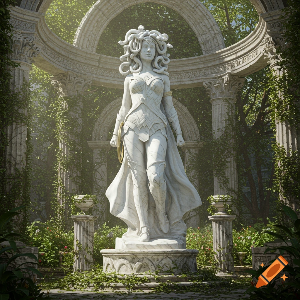 A white marble statue of Wonder Woman with snake hair (Medusa) stands in overgrown ancient ruins, bathed in sunlight.