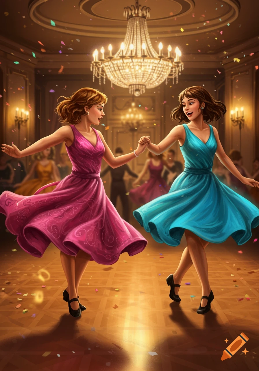 Two women in pink and blue dresses swing dancing in a ballroom under a chandelier with confetti, illustrated style.