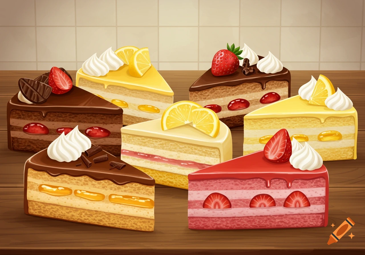 Colorful illustration of various cake slices including chocolate, lemon, and strawberry flavors, on a wooden table.