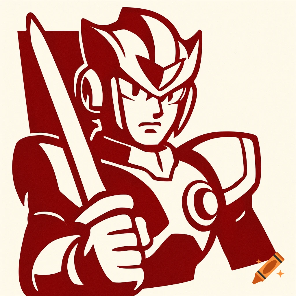 Stylized red and white logo illustration of Colonel from Mega Man X4, holding a sword.