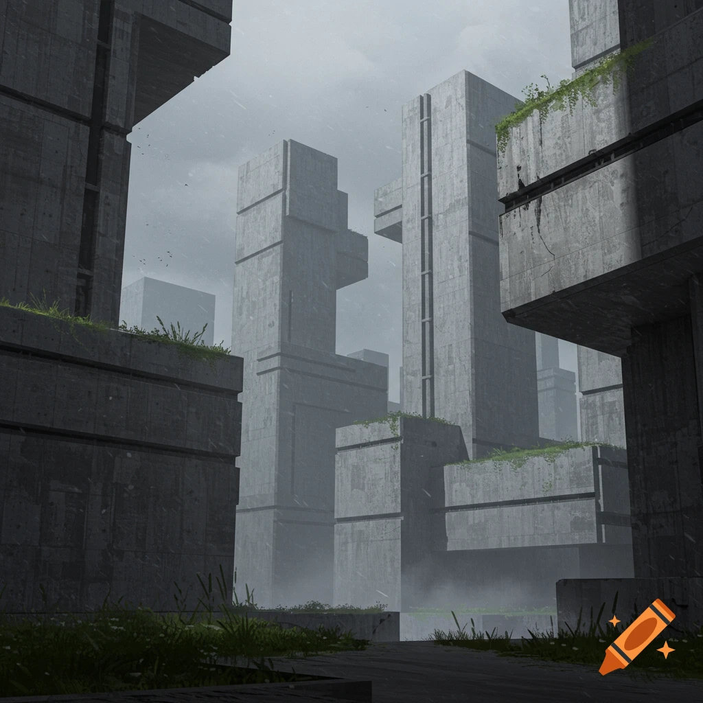 Dystopian concrete city with monolithic brutalist buildings covered in green moss, under a foggy, rainy sky.