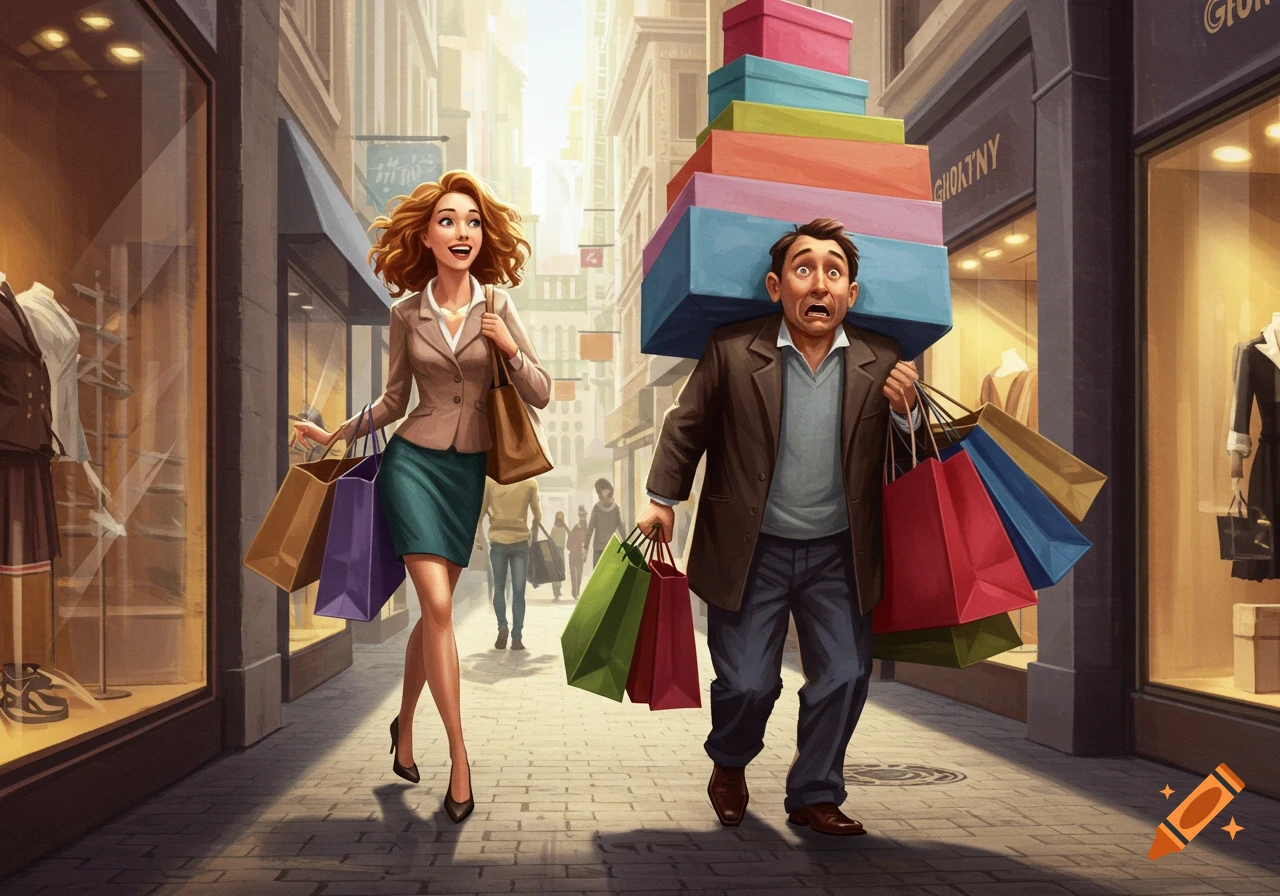 A happy woman shops while a stressed man carries many shopping bags and boxes down a city street in a cartoon style.