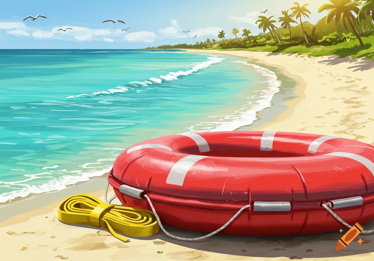 Vibrant cartoon illustration of a red rescue tube and yellow rope on a sandy beach by a clear blue ocean with palm trees.