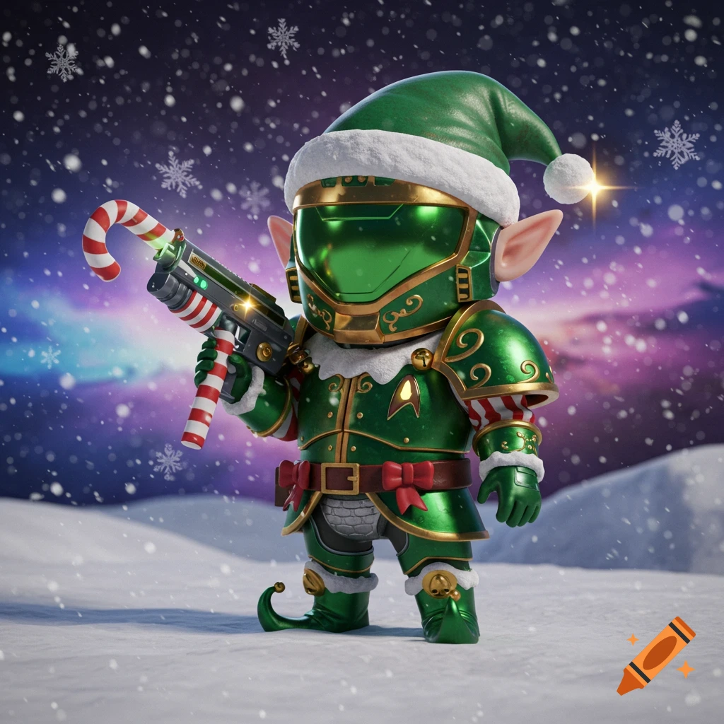 A cute 3D rendered space marine, dressed as a Christmas elf, stands in a snowy landscape holding a candy cane laser gun.