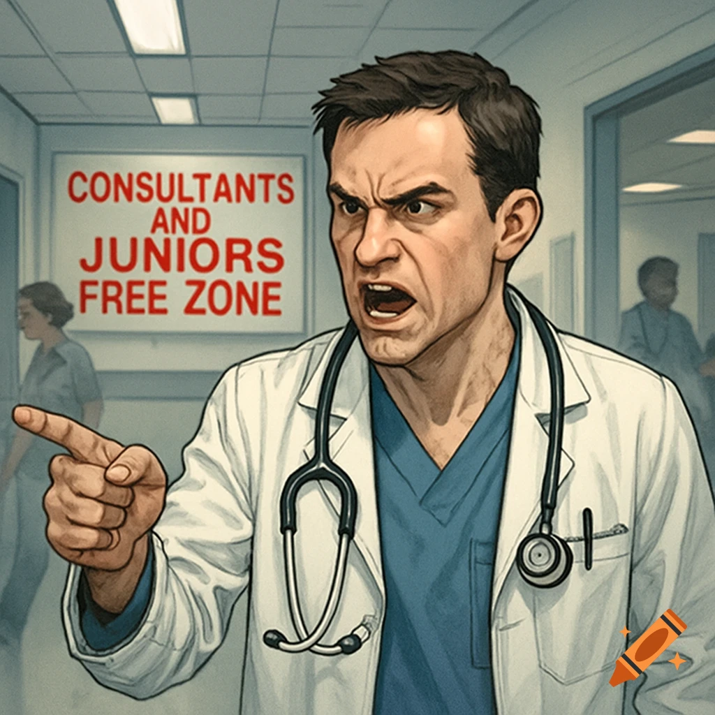 An angry cartoon doctor in a white lab coat points aggressively in a hospital hallway. A sign reads 'CONSULTANTS AND JUNIORS FREE ZONE'.