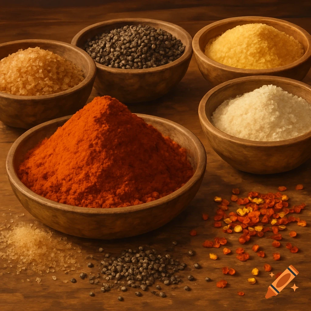 Photorealistic image of wooden bowls filled with red paprika, brown sugar, black pepper, and white granulated seasonings on a wooden table.