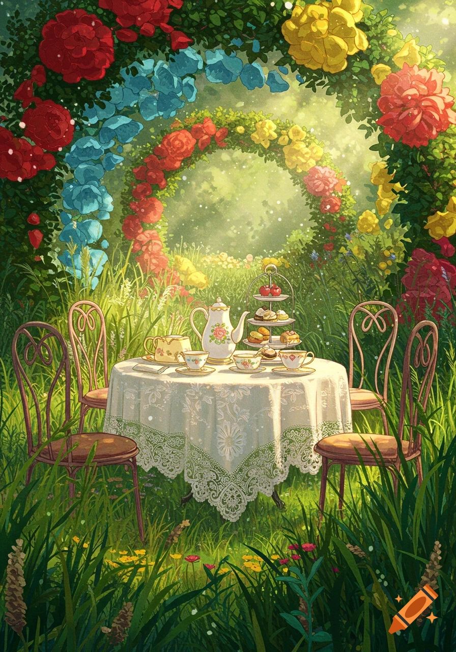 Whimsical Studio Ghibli style tea party in an enchanted garden with a lace table, tea sets, empty chairs, and glowing colorful flowers.