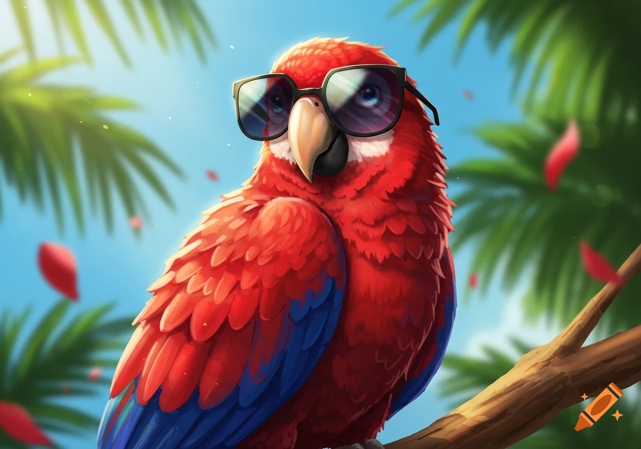 A vibrant red and blue anime parrot wearing black sunglasses perches on a tree branch, with tropical palm leaves in the background.