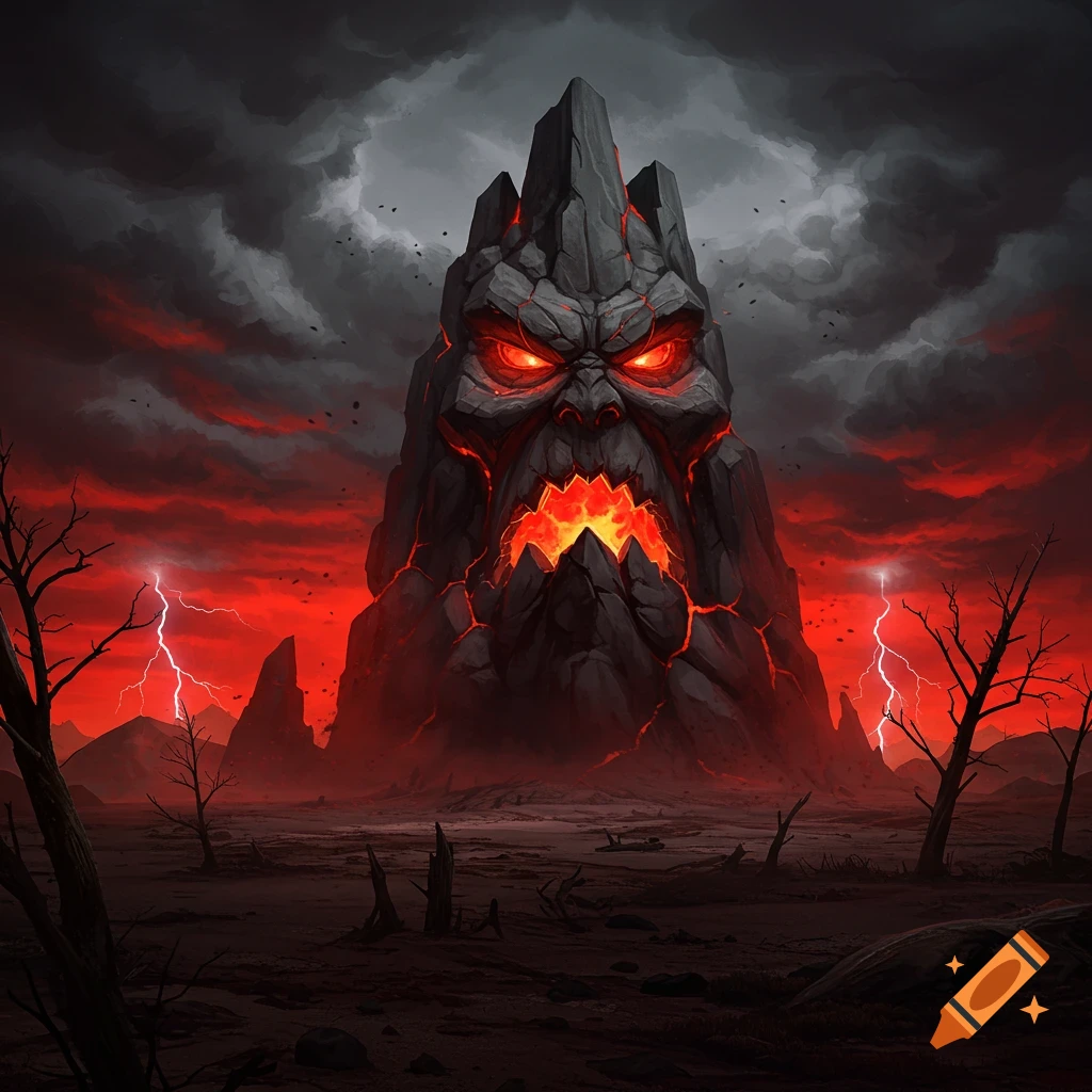 A menacing, dark rock mountain with a glowing face and lava cracks, set in a desolate, stormy red landscape with lightning.