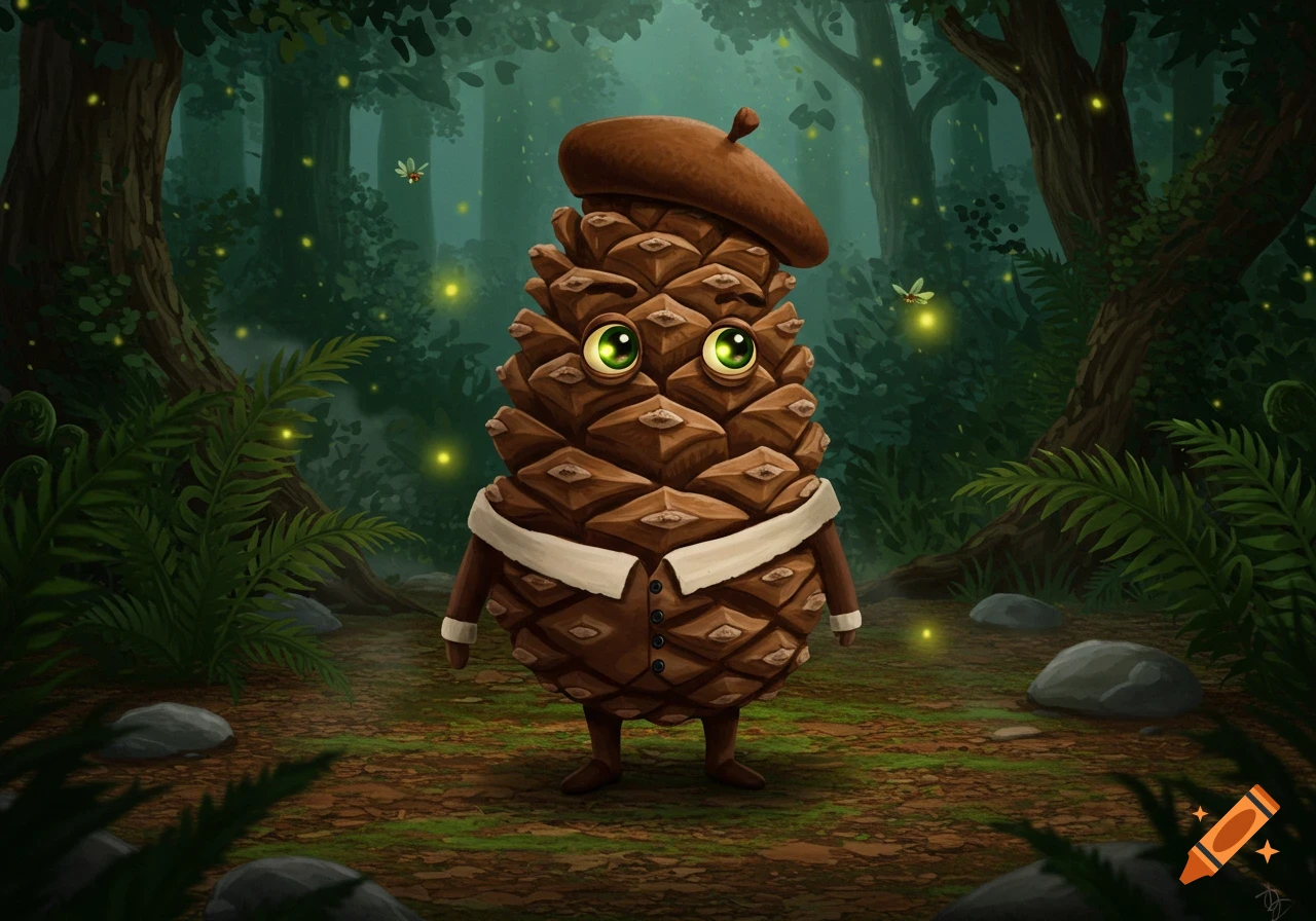 A cute, anthropomorphic pinecone character wearing a brown beret and a collared jacket stands in a magical forest with glowing fireflies.