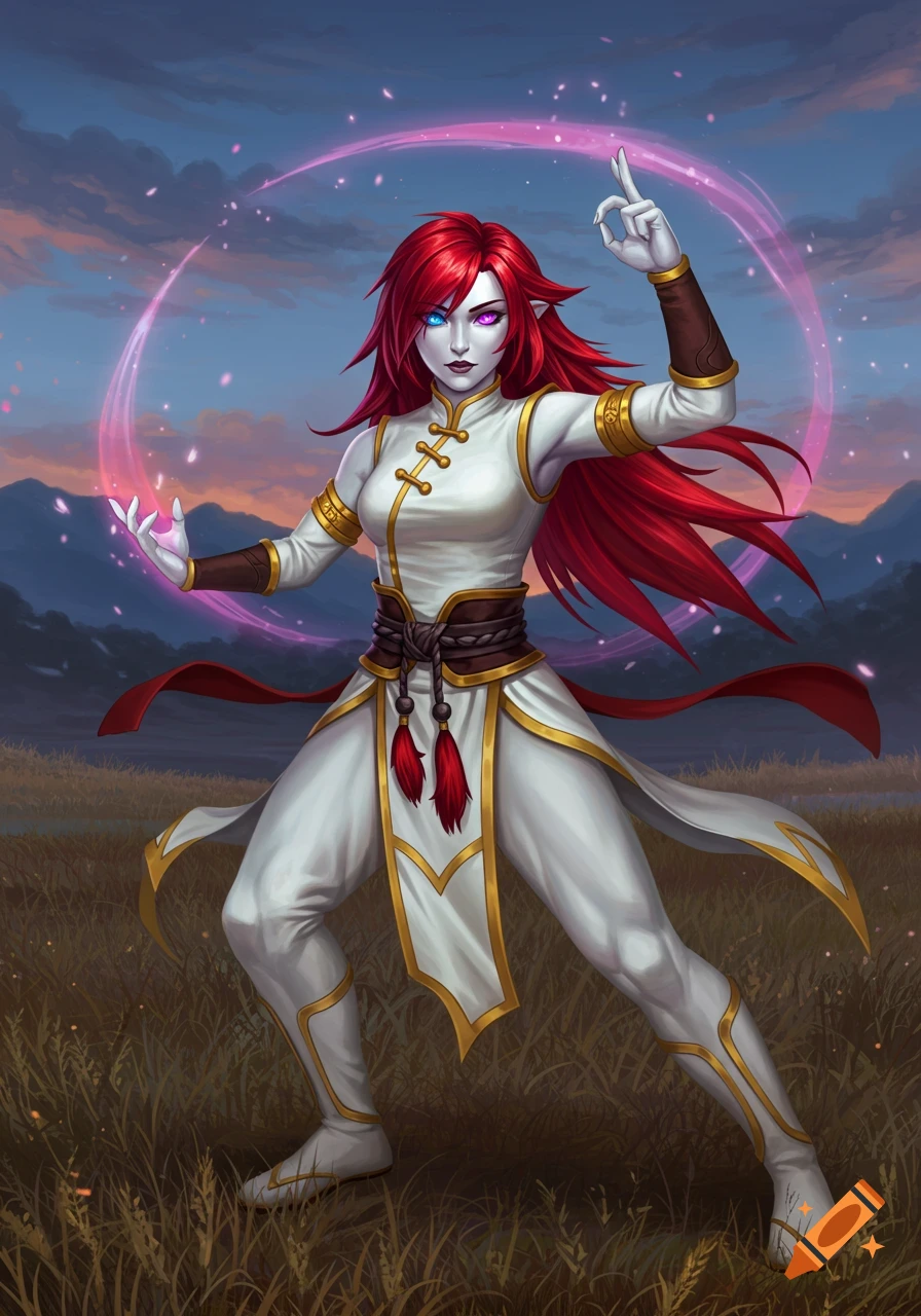 A white female warrior with long red hair and heterochromatic eyes in a white and gold Taoist-inspired costume performs a dynamic martial arts stance with a pink magic aura in a grassy field.