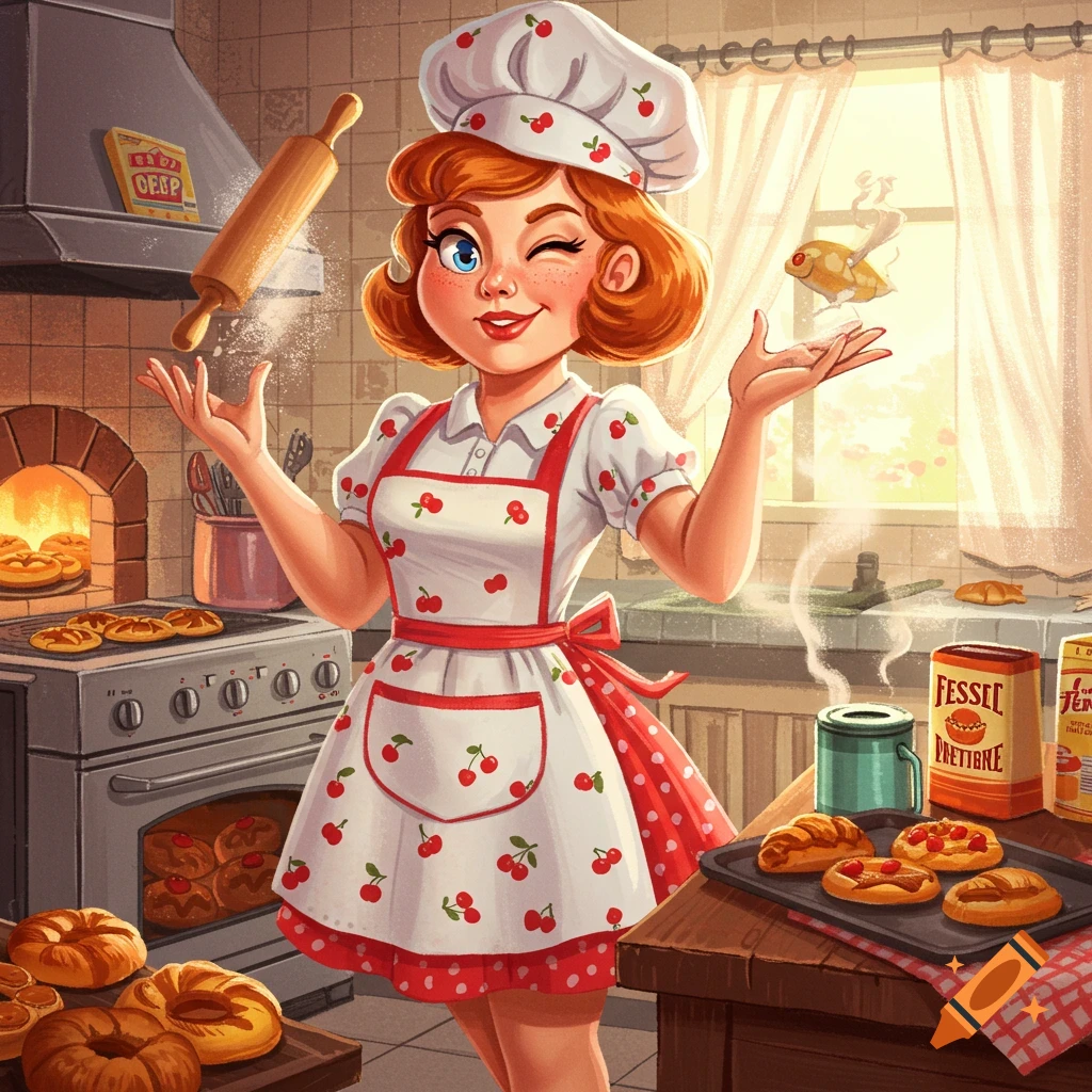A winking cartoon baker in a cherry apron juggles a rolling pin and flour in a busy, retro kitchen with fresh baked goods.