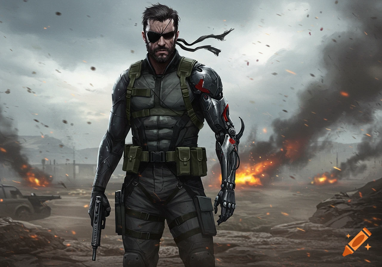 A bearded man with an eyepatch and cybernetic arm holds a pistol, standing amidst a smoke-filled, burning battlefield.