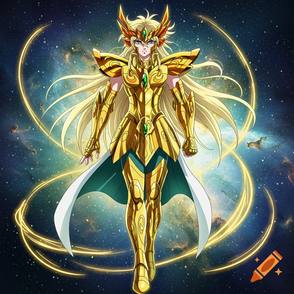 Female anime character with long blonde hair, wearing golden armor with green gems and a cape, against a starry galaxy background with golden energy trails.