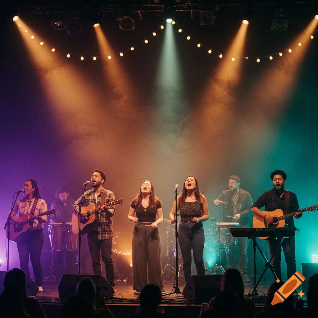 A mixed-race music group performs on stage under colorful spotlights, with members singing and playing guitars, drums, and keyboard.