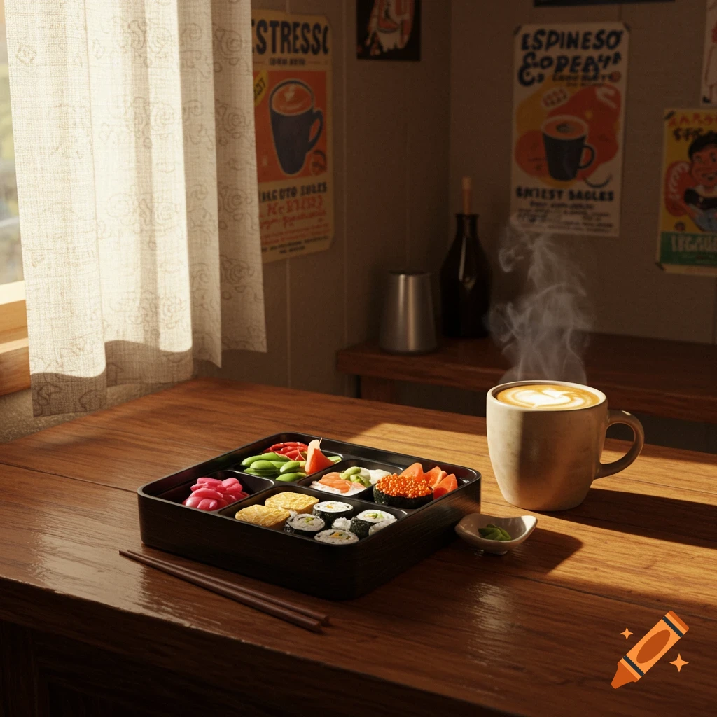 A bento box with sushi and other dishes next to a steaming coffee cup on a wooden table in a sunlit room.