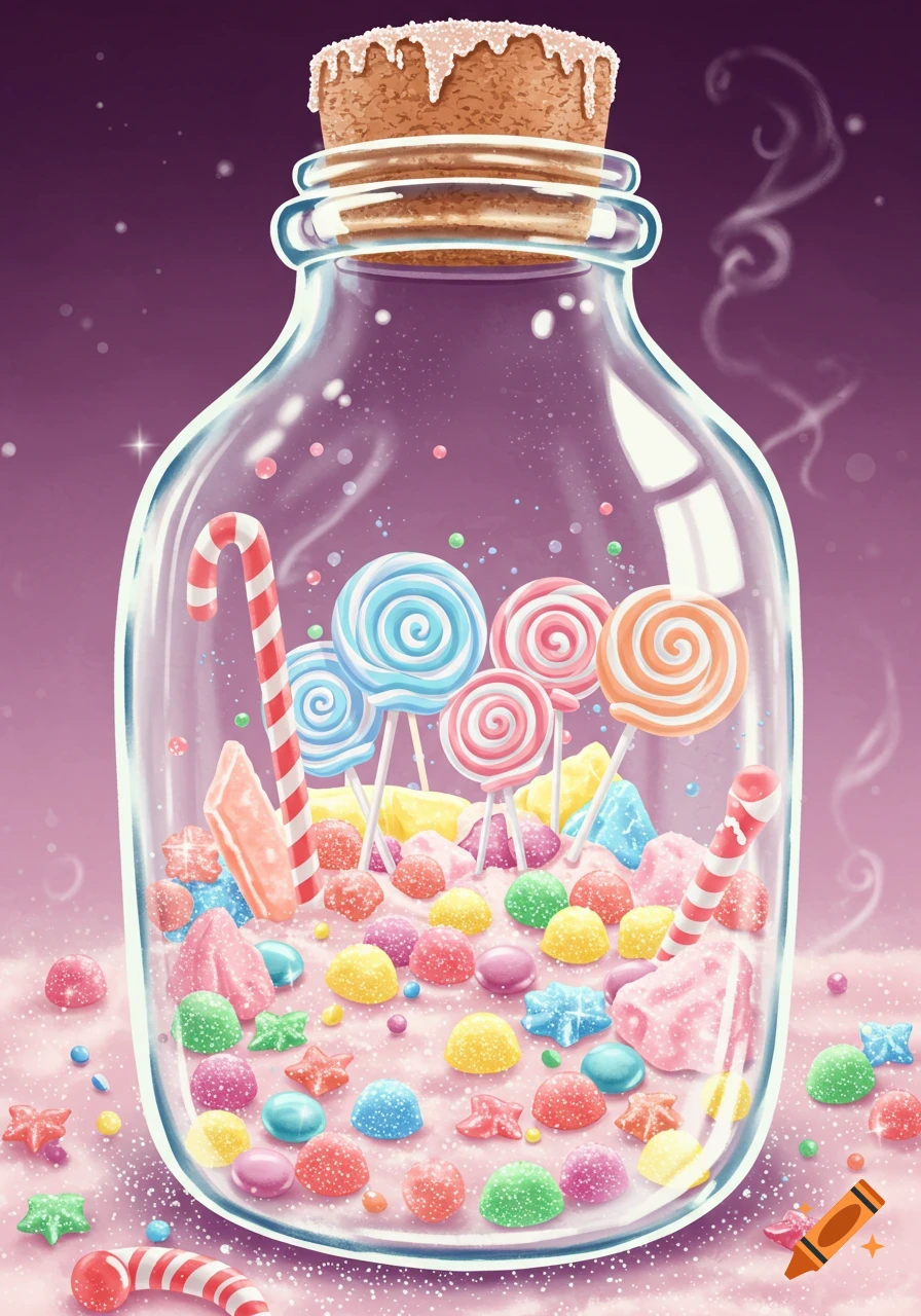 A clear glass bottle filled with a vibrant assortment of colorful lollipops, gummy candies, and hard candies, sparkling against a pink and purple background.