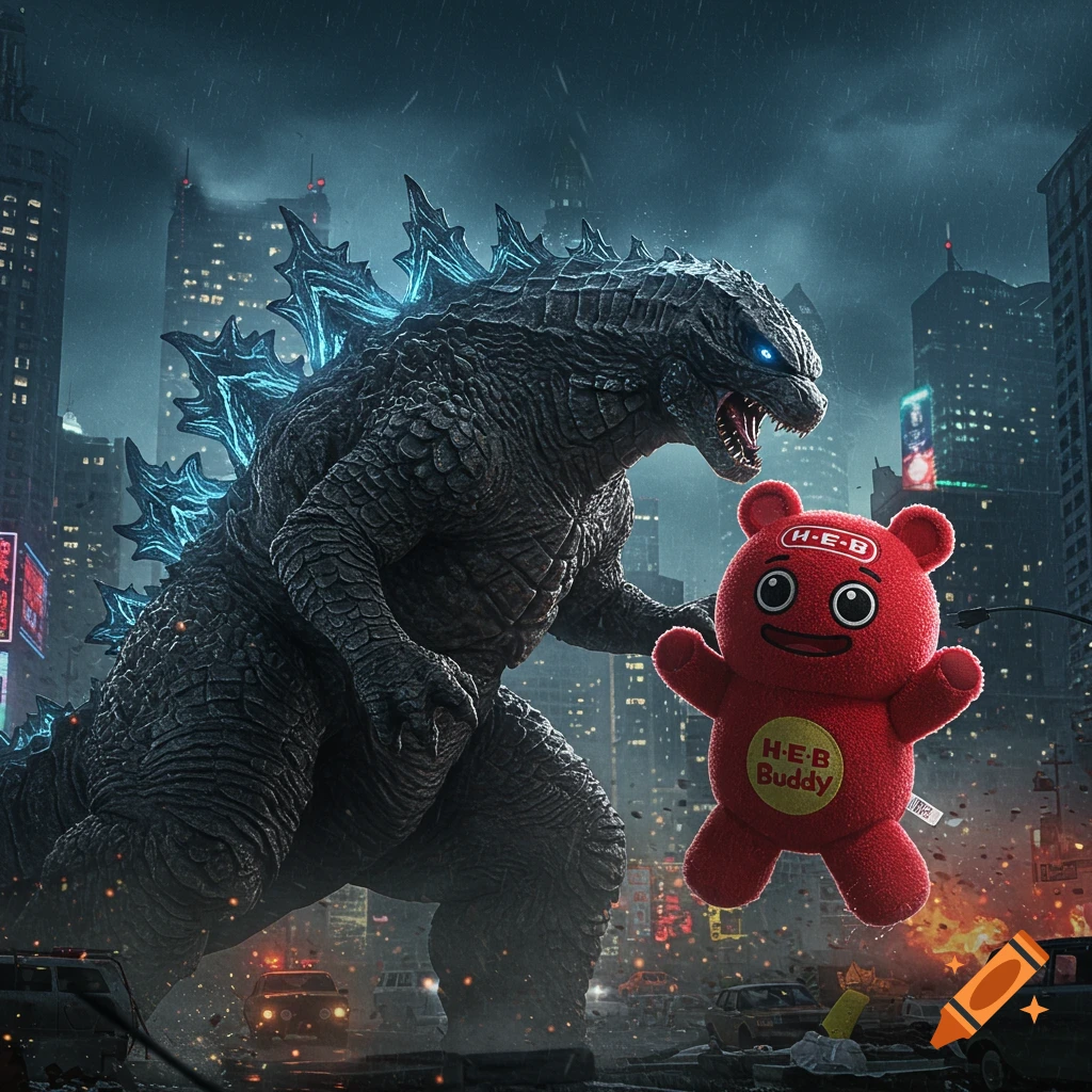 Photorealistic Godzilla stands in a destroyed, rainy city next to a floating red H-E-B Buddy plush toy.