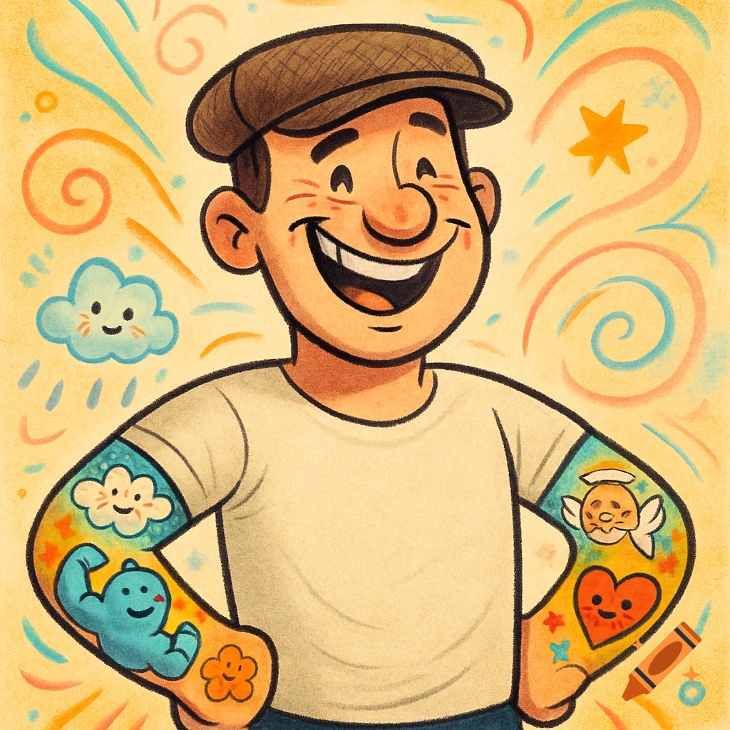 A happy cartoon man in a flat cap and t-shirt, showing off colorful, friendly cartoon tattoos on his arms, against a vibrant yellow background.