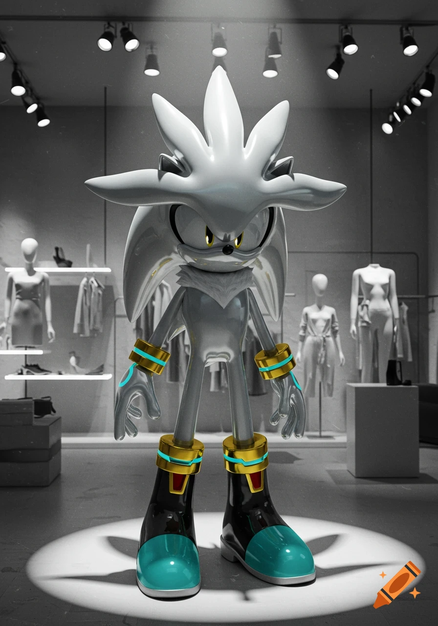 Silver the Hedgehog character, rendered as a shiny silver mannequin, stands in a greyscale clothing store.